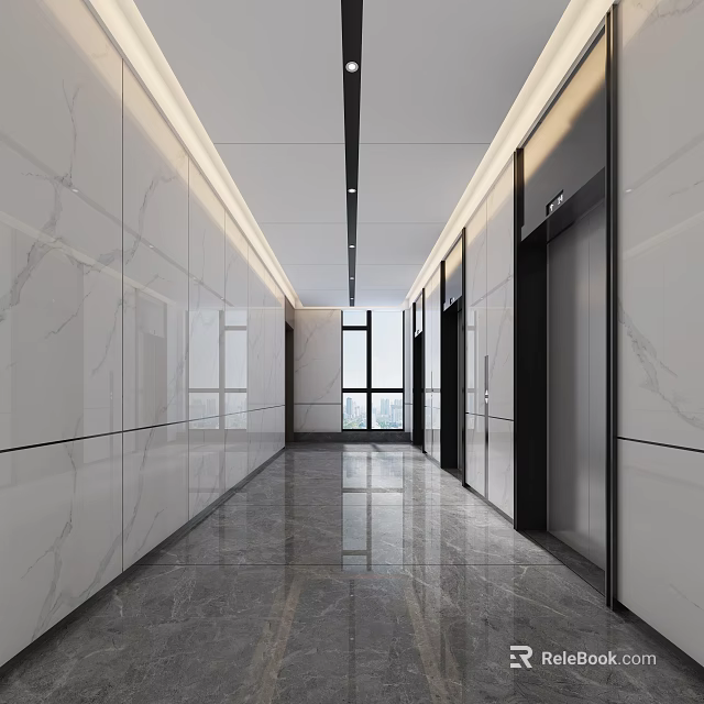 Modern Elevator Hallway Interior With Marble Walls Polished Floor And Glass Windows 3d model