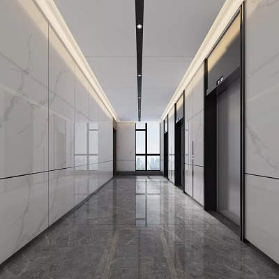 Modern Elevator Hallway Interior With Marble Walls Polished Floor And Glass Windows 3d model