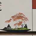 Orange Leaf Maple Bonsai Tree with Rock Formations in Rectangular Tray for Zen Decor 3d model