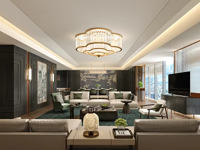 Luxurious Hotel Guest Room With Chandelier Dark Wooden Walls And Comfortable Sofas 3d model