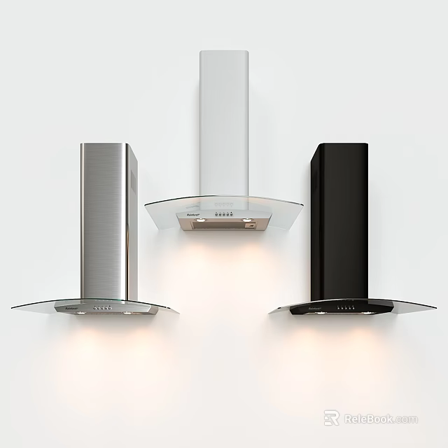 Different Types of Modern Kitchen Range Hoods with Stainless Steel and Black Glass Designs 3d model 
