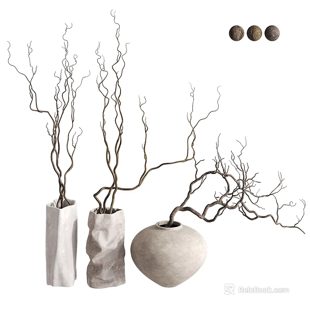 Textured Stone Vases In Cylindrical Irregular And Round Shapes With Natural Branches 3d model 