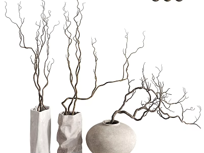 Textured Stone Vases In Cylindrical Irregular And Round Shapes With Natural Branches 3d model