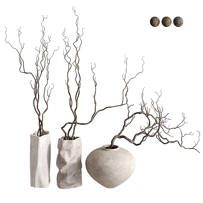 Textured Stone Vases In Cylindrical Irregular And Round Shapes With Natural Branches 3d model