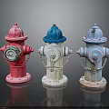 Colorful Fire Hydrants Display With Red White Blue Bodies And Metal Chains