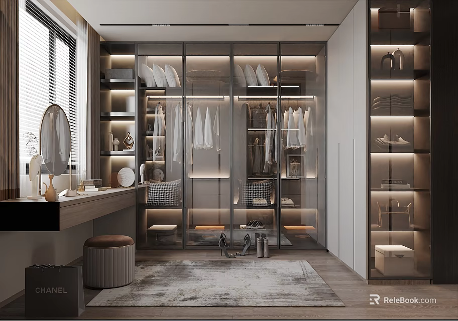 Modern Walk In Closet With Glass Doors Vanity And Storage 3d model 