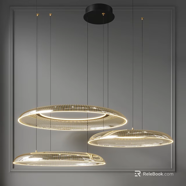 Three Circular Woven Textured Metallic Modern Pendant Lights Against Grey Background 3d model 