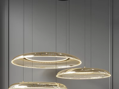 Three Circular Woven Textured Metallic Modern Pendant Lights Against Grey Background 3d model