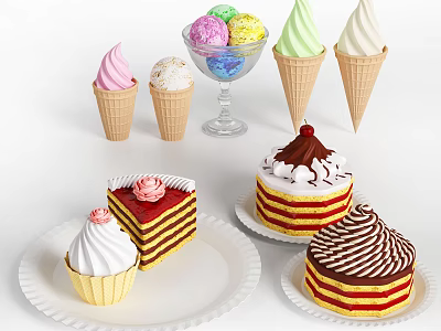 Assorted Ice Cream Cones Colorful Balls Layered Cakes And Cupcakes With Cream Toppings 3d model