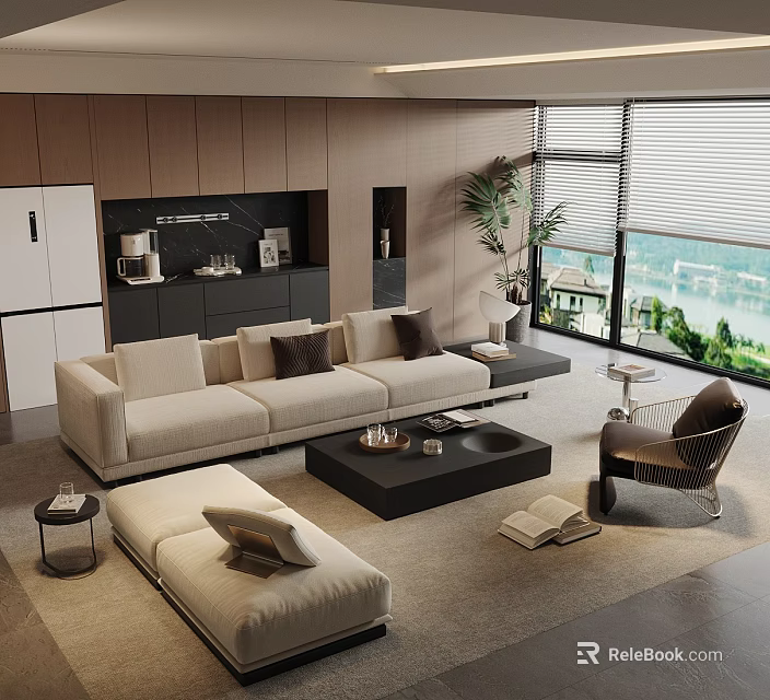 Modern Living Room Beige Sofa With Multiple Cushions And Black Coffee Table Set 3d model