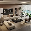 Modern Living Room Beige Sofa With Multiple Cushions And Black Coffee Table Set 3d model