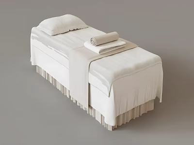 White Massage Bed With Soft Pillow And Folded Towels On Fringed Edges 3d model
