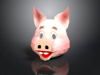 Cute Pink Pig Head 3D Polygonal Model With Open Mouth And Teeth On Dark Background 3d model