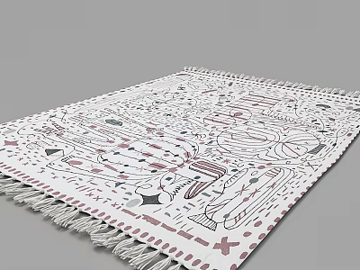 Square Rug with White Background Red and Black Abstract Patterns and Tassels 3d model