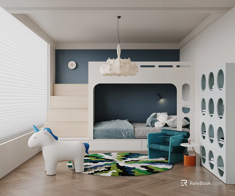 Kids Room Interior With Bunk Bed White Unicorn Toy Blue Wall Blinds And Colorful Rug 3d model 