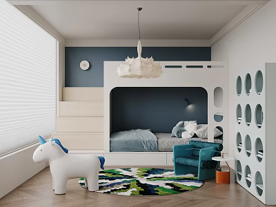 Kids Room Interior With Bunk Bed White Unicorn Toy Blue Wall Blinds And Colorful Rug 3d model
