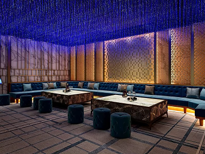 Luxurious KTV Interior With Blue Lighting Sofas Coffee Tables And Decorative Walls 3d model
