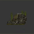 Cartoon Scene of Cliffside Cabin with Waterfall Pine Trees and Lake Boat