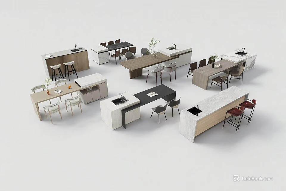Various Modern Kitchen Island Designs With Different Materials And Matching Chairs 3d model