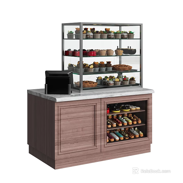 Mall Dessert Counter With Glass Display Shelves Cash Register And Wooden Cabinet 3d model 