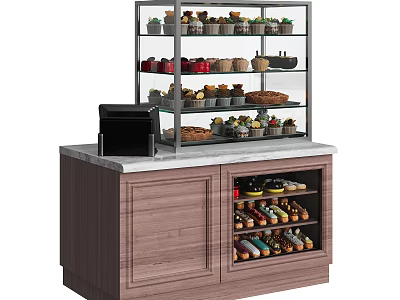 Mall Dessert Counter With Glass Display Shelves Cash Register And Wooden Cabinet 3d model
