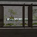 Tranquil Courtyard Garden With Wooden Lattice Doors Small Rockery Green Plants Moss And Gray Wall