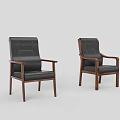 Two Modern Office Chairs With Black Leather Seats And Wooden Armrests