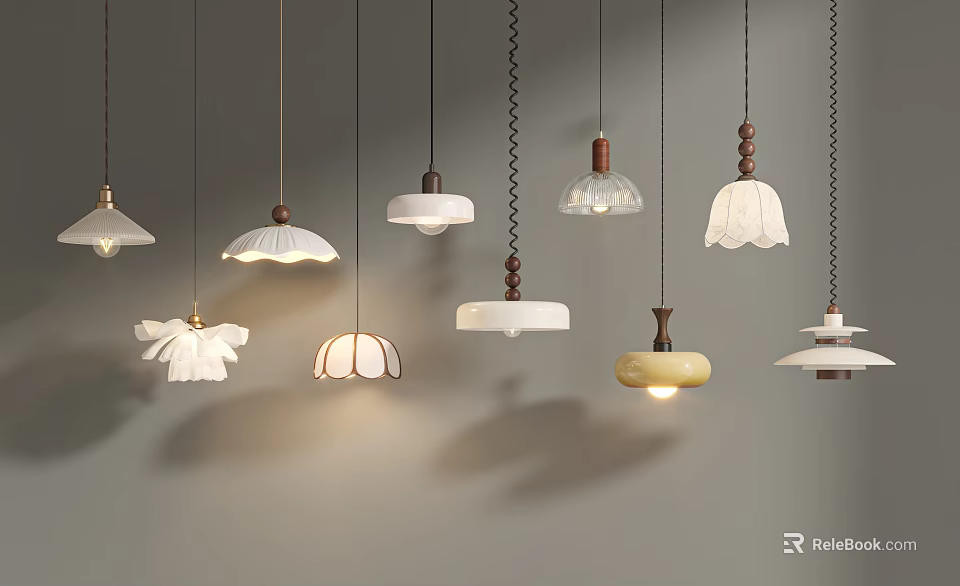 Various Stylish Pendant Lights With Unique Shade Designs And Hanging Details 3d model 