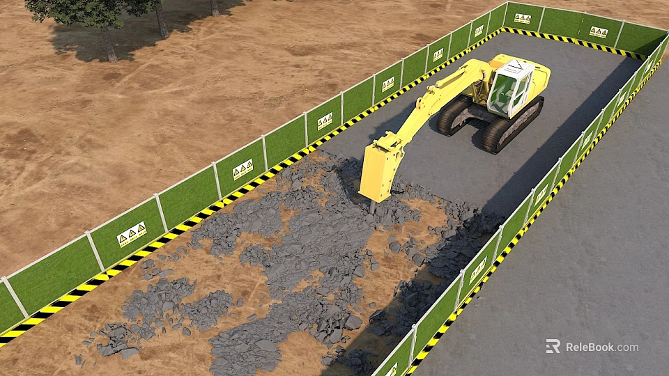 Road Construction Site With Green Safety Barriers Yellow Black Stripes And Excavator Breaking Ground 3d model 