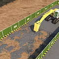 Road Construction Site With Green Safety Barriers Yellow Black Stripes And Excavator Breaking Ground