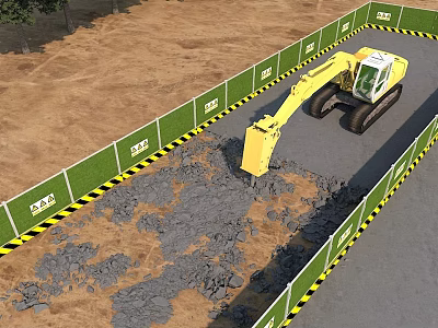 Road Construction Site With Green Safety Barriers Yellow Black Stripes And Excavator Breaking Ground 3d model
