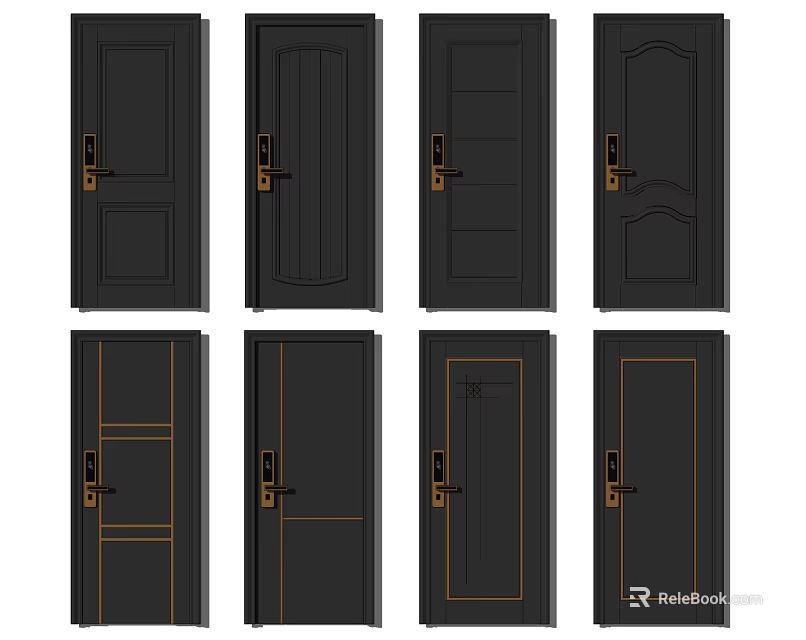Various Modern Black Security Doors With Different Designs And Golden Handles 3d model