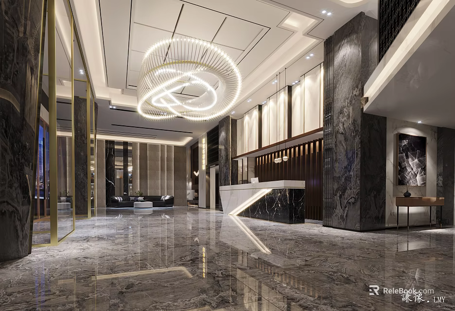 Modern Office Lobby With Spacious Marble Floor Large Chandelier And Reception Desk Columns Wall Decor 3d model 