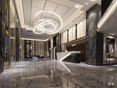 Modern Office Lobby With Spacious Marble Floor Large Chandelier And Reception Desk Columns Wall Decor 3d model