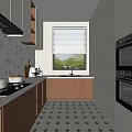 Modern Kitchen Interior With Cabinets Oven Window Blinds And Black White Patterned Floor Tiles