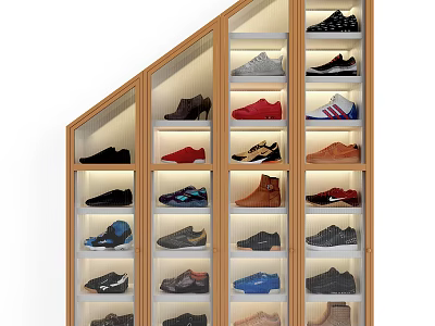 Shoe Display Shelving with Multiple Layers Wooden Structure and Illuminated Lighting for Various Shoes 3d model