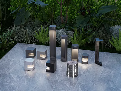Modern Outdoor Lights With Various Shapes For Garden Patio And Greenery Setting 3d model