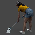 A Woman Wearing Yellow T-Shirt And Denim Shorts Mopping Floor With Mop And Headband