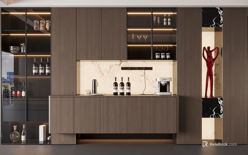 Modern Wooden Wine Cabinet With Marble Countertop Wine Bottles And Decorative Sculpture 3d model 