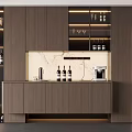 Modern Wooden Wine Cabinet With Marble Countertop Wine Bottles And Decorative Sculpture