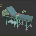 Medical Examination Bed With Blue Mattress Adjustable Backrest Armrests And Mobile Wheels