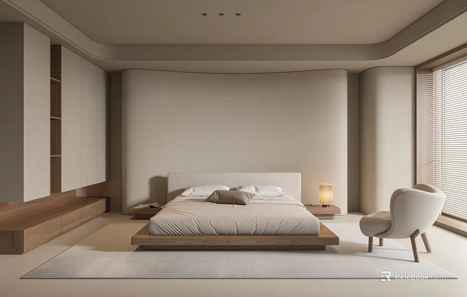 Modern Neutral Tones Bedroom Interior With Large Bed Pillows Bedside Lamp Armchair And Area Rug 3d model 