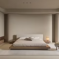 Modern Neutral Tones Bedroom Interior With Large Bed Pillows Bedside Lamp Armchair And Area Rug