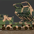 Military Camouflage Tank With Tracked Wheels And Rocket Launcher System In Desert Terrain
