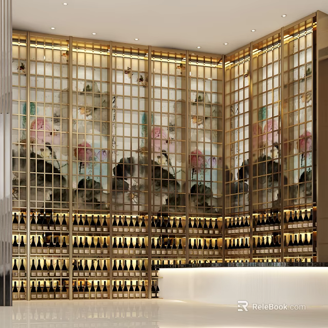 Luxury Wine Cabinet With Golden Frame Decorative Pattern And Displayed Wine Bottles 3d model 