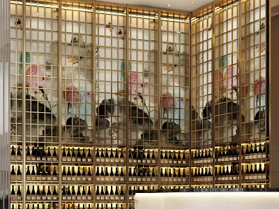 Luxury Wine Cabinet With Golden Frame Decorative Pattern And Displayed Wine Bottles 3d model
