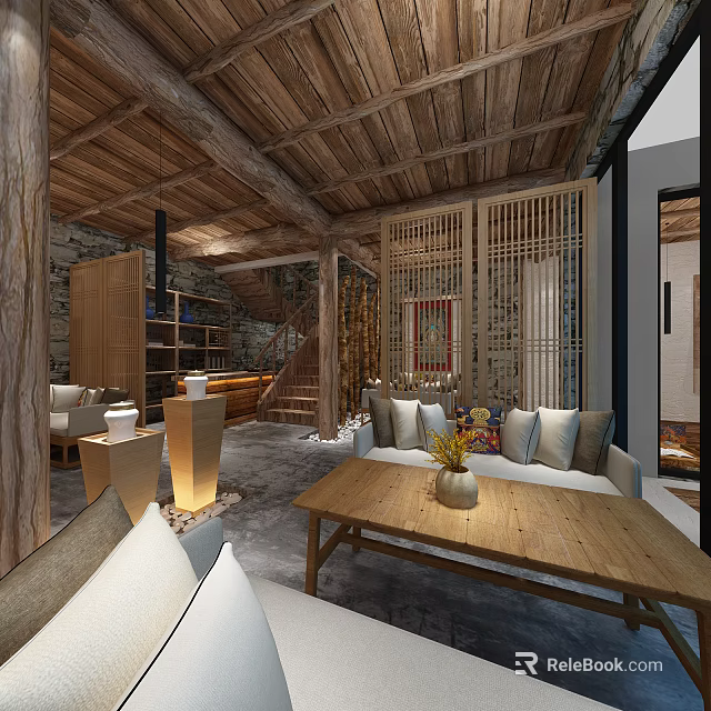 Cozy Rustic Leisure Area Featuring Wooden Ceiling Sofa Coffee Table And Decorative Painting 3d model 