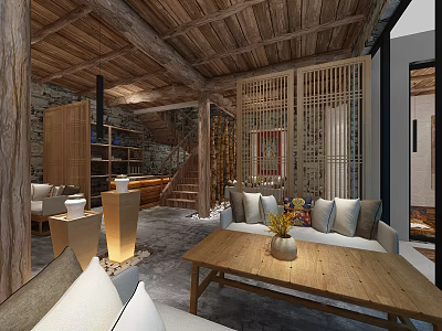 Cozy Rustic Leisure Area Featuring Wooden Ceiling Sofa Coffee Table And Decorative Painting 3d model