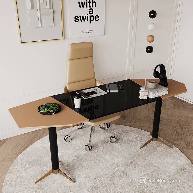 Modern Office Desk With Glass Top Leather Chair Laptop Coffee Cup And Green Plant 3d model 