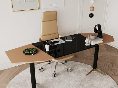 Modern Office Desk With Glass Top Leather Chair Laptop Coffee Cup And Green Plant 3d model